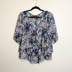 Express Women's Blue Floral V-Neck 3/4 Sleeve Tiered Cardigan Cover-Up Top Large
